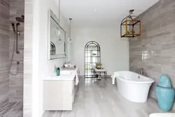 White Tiles In The Bathroom With Wood Photo Design