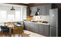 Gray kitchen with white table photo