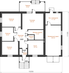 Design project of a one-story house with 3 bedrooms