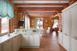 Kitchen design in a house made of rounded logs