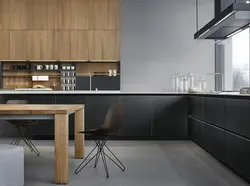 Gray kitchen with wooden facades interior