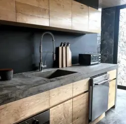 Gray kitchen with wooden facades interior