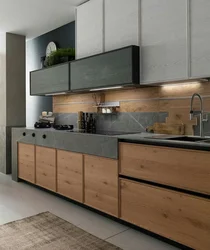 Gray kitchen with wooden facades interior