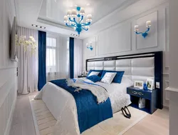 Интерьер спальни в сине бежевом цвете