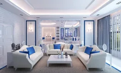 Дизайн в сине белых тонах гостиная