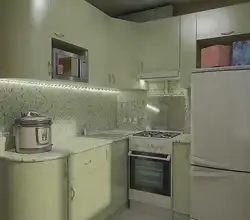 Дызайн сцен кухні ў хрушчоўцы з халадзільнікам