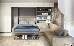 Комната дизайн спальня с диваном и кроватью