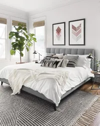 Серая Кровать В Спальне Интерьер Дизайн Фото