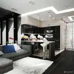 Living room kitchen design in black tones