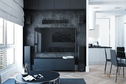 Living room kitchen design in black tones