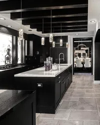 Дизайн кухни гостиной в черных тонах