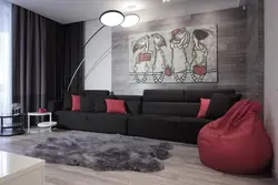 Living room design in gray black white colors