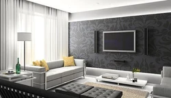 Living room design in gray black white colors