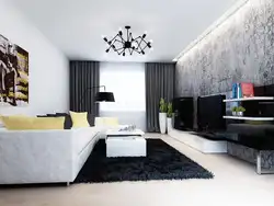 Living room design in gray black white colors