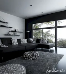 Living room design in gray black white colors