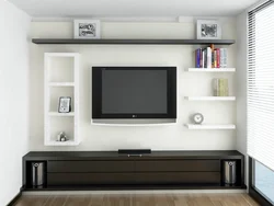 Shelves In The Living Room Interior On The Wall With A TV