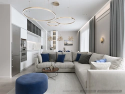 White blue interior kitchen living room