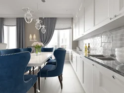 Бело синий интерьер кухни гостиной