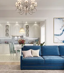 White blue interior kitchen living room