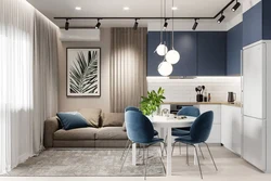 White blue interior kitchen living room