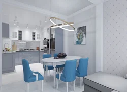 Бело синий интерьер кухни гостиной