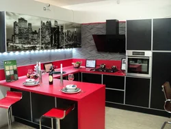 Black kitchen with breakfast bar photo design