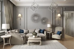 Gray beige wallpaper in the living room interior