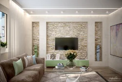 Interior With Stone And Wallpaper In The Living Room
