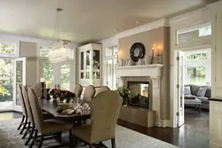 Living room interior with fireplace and table