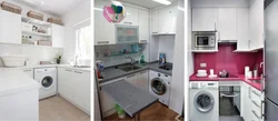 Дызайн маленькай кухні з пральнай машынай і халадзільнікам