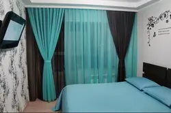 Бирюзово серые шторы в спальню фото