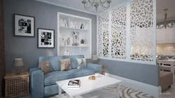 Living room interior zoning with wallpaper
