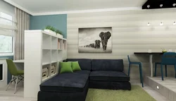 Living room interior zoning with wallpaper