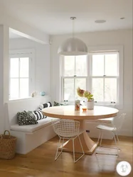 Photo of a kitchen with a round table against the wall