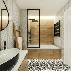 Combination of tiles and wood in the bathroom interior