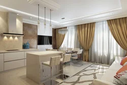 Interiors Of A Living Room With A Kitchen By The Window