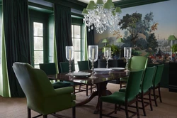 Emerald color in the interior of the kitchen living room