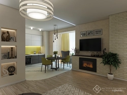 Kitchen living room 30 sq m with fireplace design