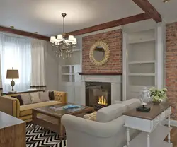 Kitchen living room 30 sq m with fireplace design