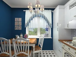 Блакітныя шторы на кухню дызайн