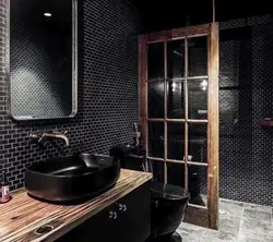 Black bathtub in the bathroom interior photo