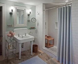 Bathroom With Shower Without Cabin Design Photo With Curtain
