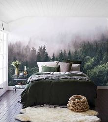 Фоташпалеры з лесам у інтэр'еры спальні
