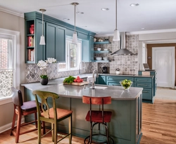 Blue green kitchen interiors