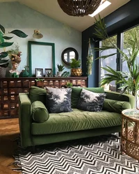 Living room interior with olive sofa photo