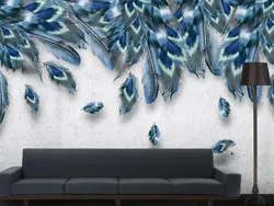 Wallpaper feathers in the bedroom interior