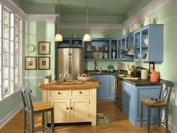 Blue and green colors in the kitchen interior
