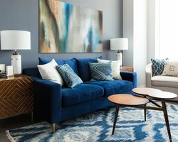Gray blue sofa in the living room interior photo