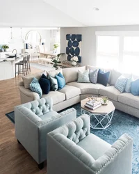 Gray blue sofa in the living room interior photo