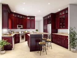 Cherry-colored kitchen in the interior photo